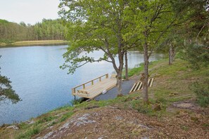 A lakeside wooden dock with benches, surrounded by trees and grassy areas.