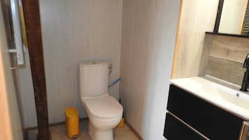 Shower, towels, soap, toilet paper