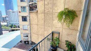 Un balcón con una planta en maceta, baranda metálica y vistas a un paisaje urbano con edificios altos.