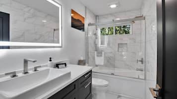 Shower, hair dryer, towels, soap