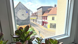 Vista dalla finestra su una strada con architettura europea tradizionale, che include case con struttura a graticcio e un murale su un edificio.