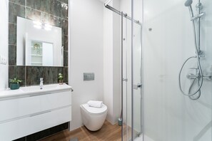 Douche, séchoir à cheveux, serviettes fournies