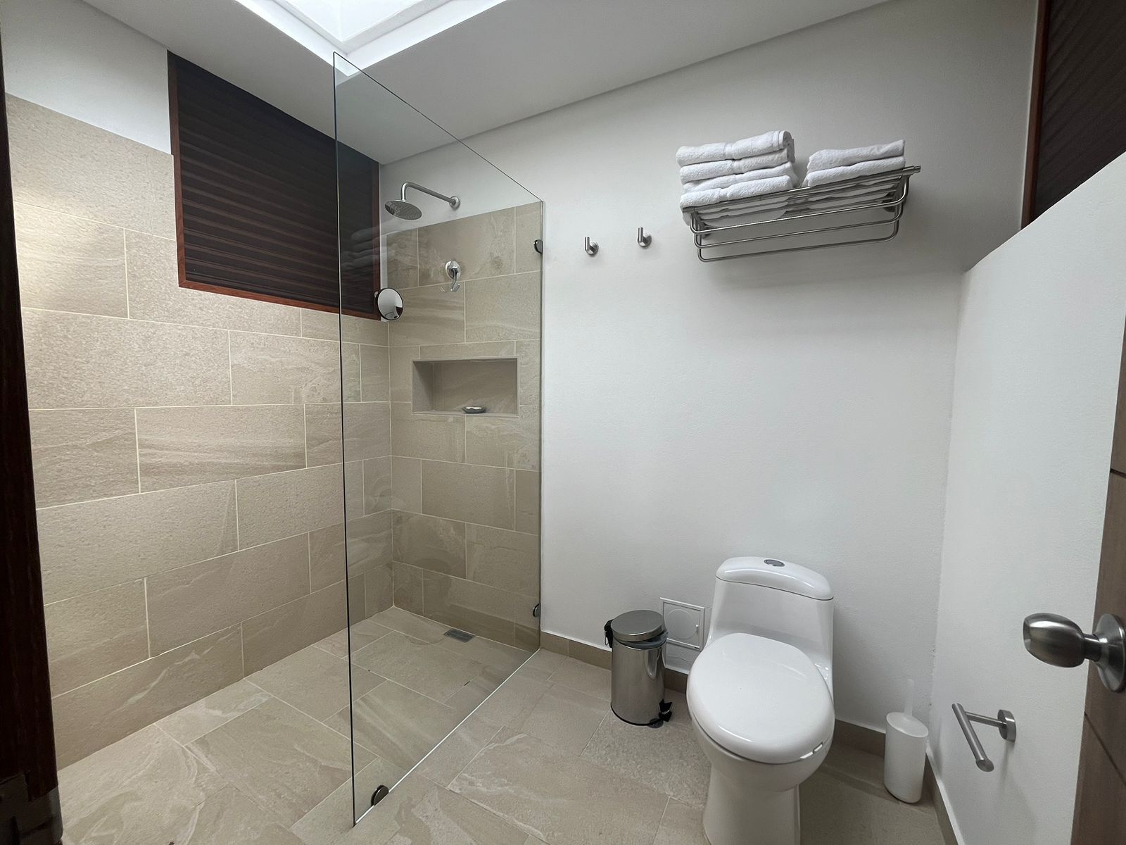 A modern bathroom with a glass-enclosed shower, a toilet, and a towel rack.