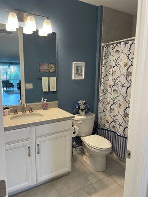 Hair dryer, towels, soap, toilet paper