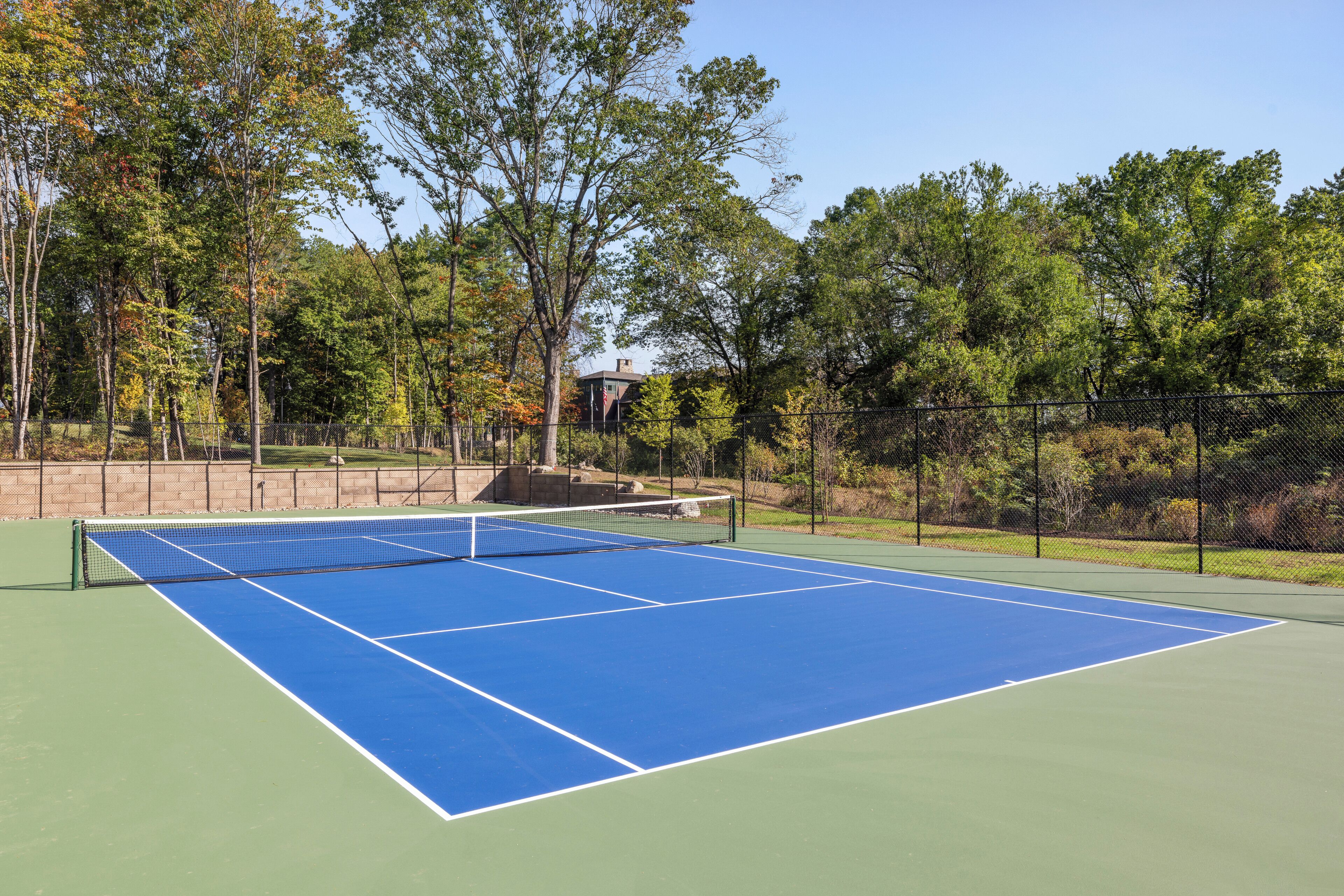 Een tennisbaan met net, omringd door bomen en een hek.