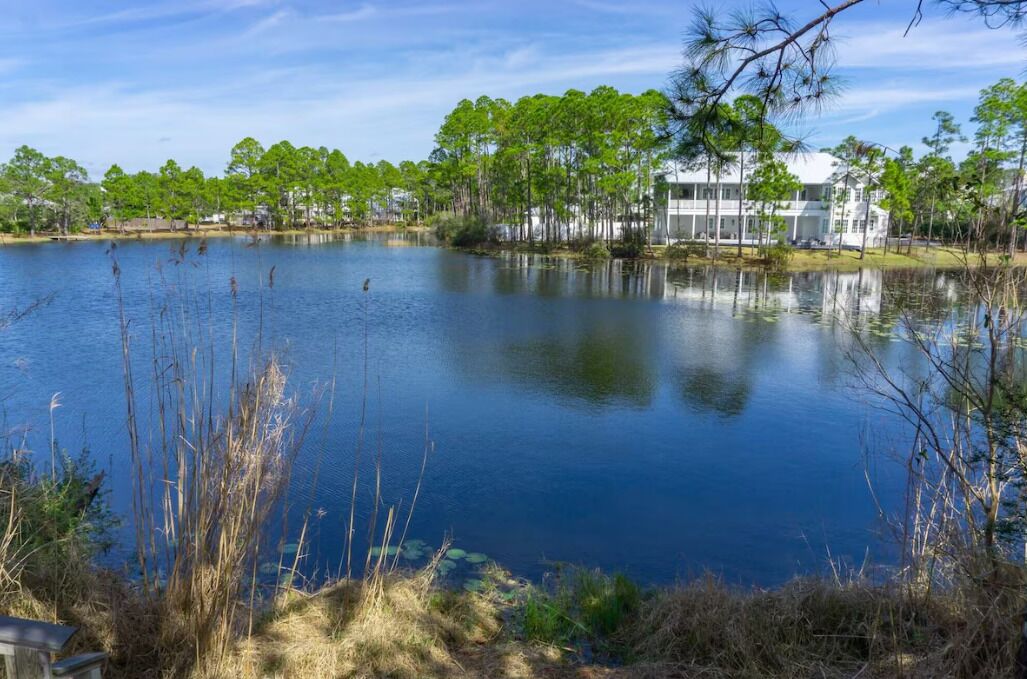 A calm lake with a wooden dock, surrounded by trees and a building with a white facade.