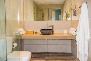 Douche, sèche-cheveux, serviettes fournies, savon