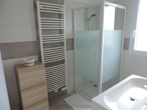 Shower, hair dryer, toilet paper