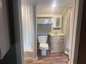 Hair dryer, towels, soap, toilet paper