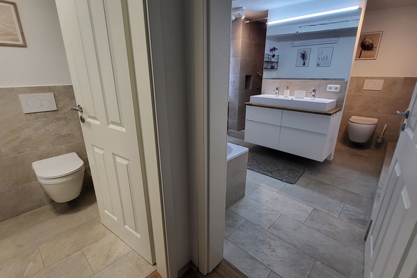 Hair dryer, towels, soap, toilet paper