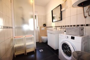Hair dryer, towels, toilet paper