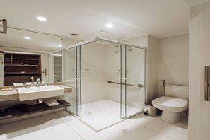 Hair dryer, towels, soap, toilet paper