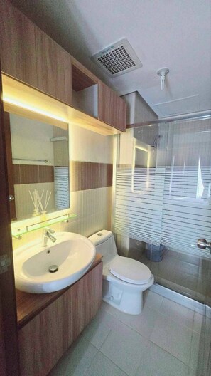 A modern bathroom with a large sink, toilet, and a glass shower enclosure.