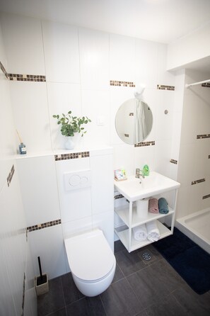 Shower, hair dryer, slippers, towels
