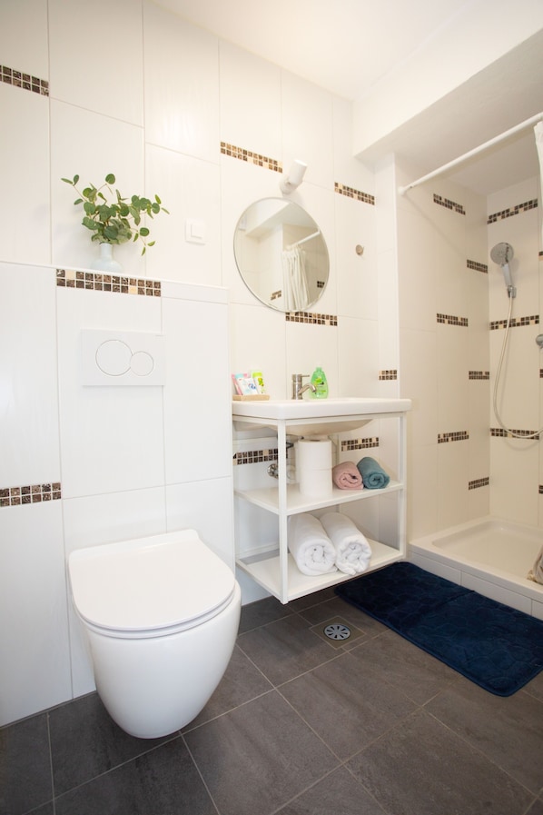 Shower, hair dryer, slippers, towels