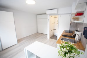 Fridge, stovetop, cookware/dishes/utensils