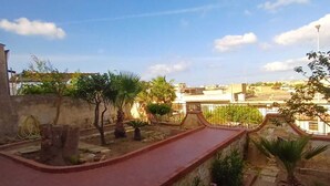 Un jardin sur le toit, avec un chemin rouge, différentes plantes et une vue sur le paysage urbain en arrière-plan.