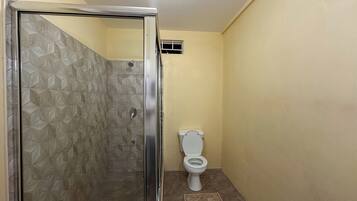A bathroom with a shower area featuring geometric patterned tiles and a toilet with a white seat and lid.