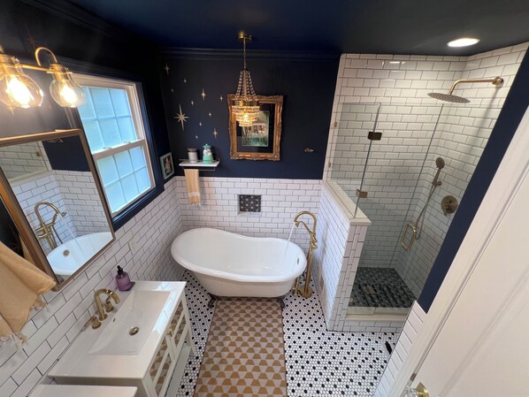 Eco-friendly toiletries, hair dryer, towels, soap