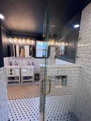 Eco-friendly toiletries, hair dryer, towels, soap