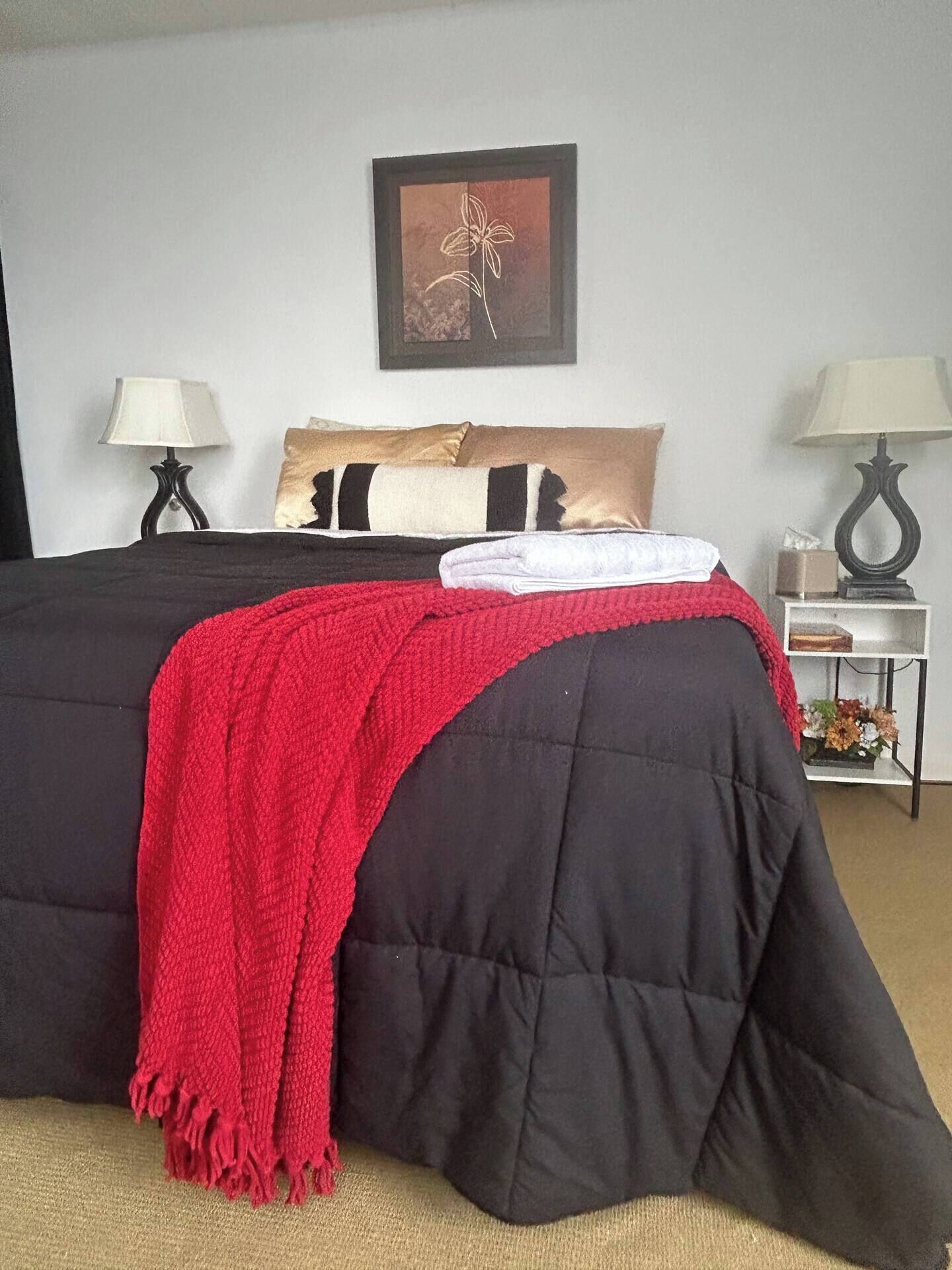 A neatly made bed with a black and red blanket, two bedside lamps, a framed picture on the wall, and a small table with a vase of flowers.