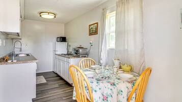 Fridge, microwave, coffee/tea maker, toaster