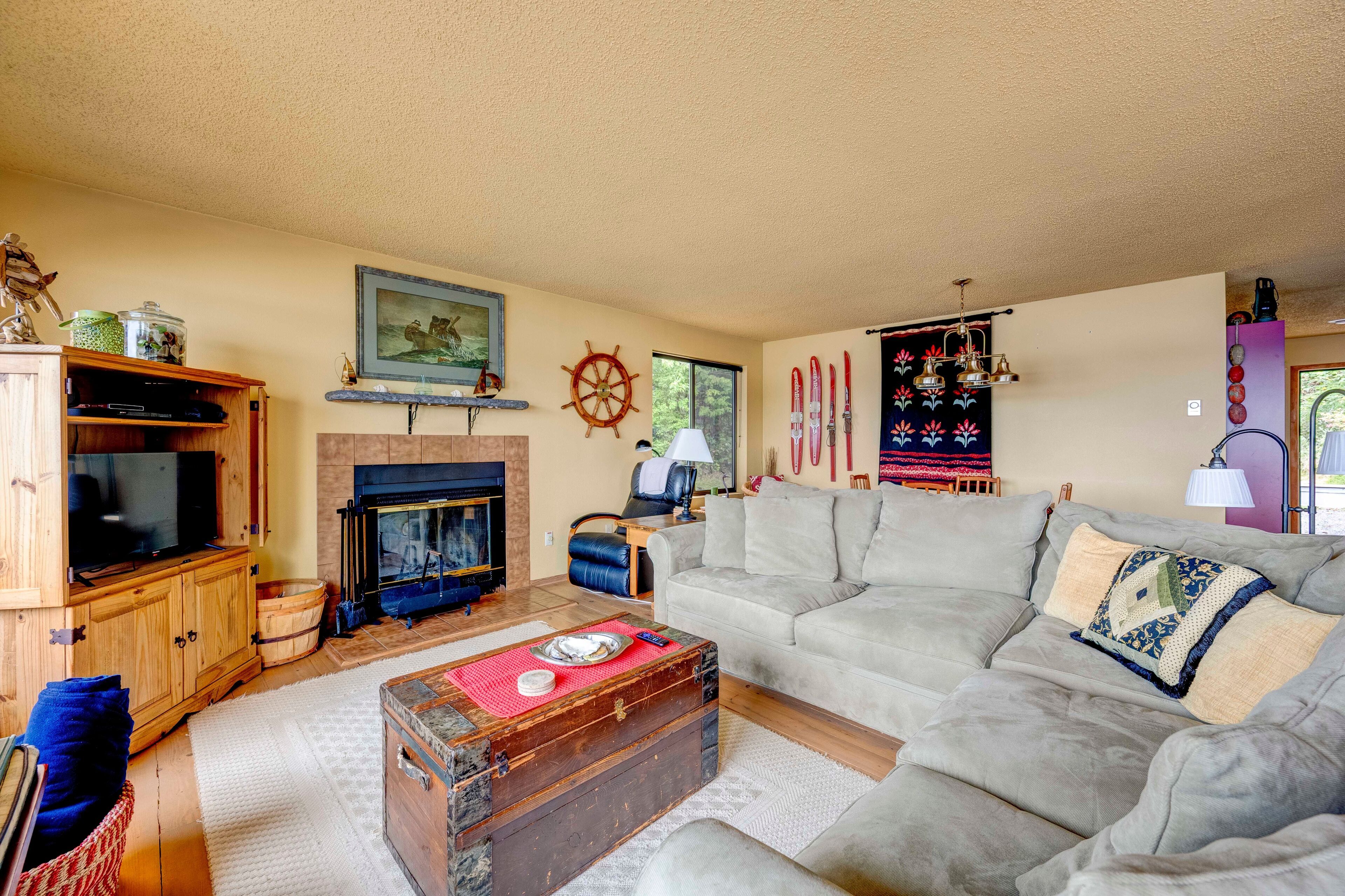 Televisión, chimenea, libros