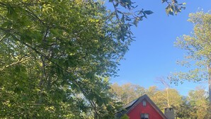 Una casa roja con porche, rodeada de árboles y un cielo azul despejado.