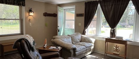 Televisión, chimenea, reproductor de DVD y videoteca