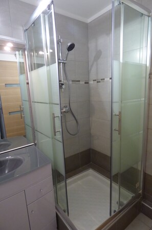 Shower, hair dryer, towels, toilet paper