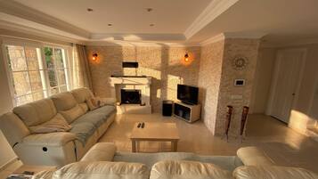 Una Smart TV, una chimenea, un reproductor de DVD