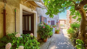 A narrow alleyway with a rustic stone building, potted plants, and hanging flower baskets. - Awesome apartment in Mali Losinj with WiFi (Mali Losinj)