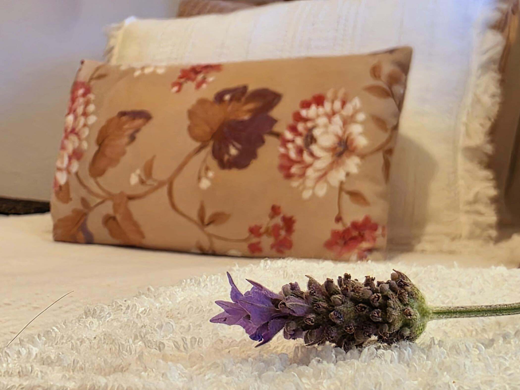 A floral pillow on a textured white surface.