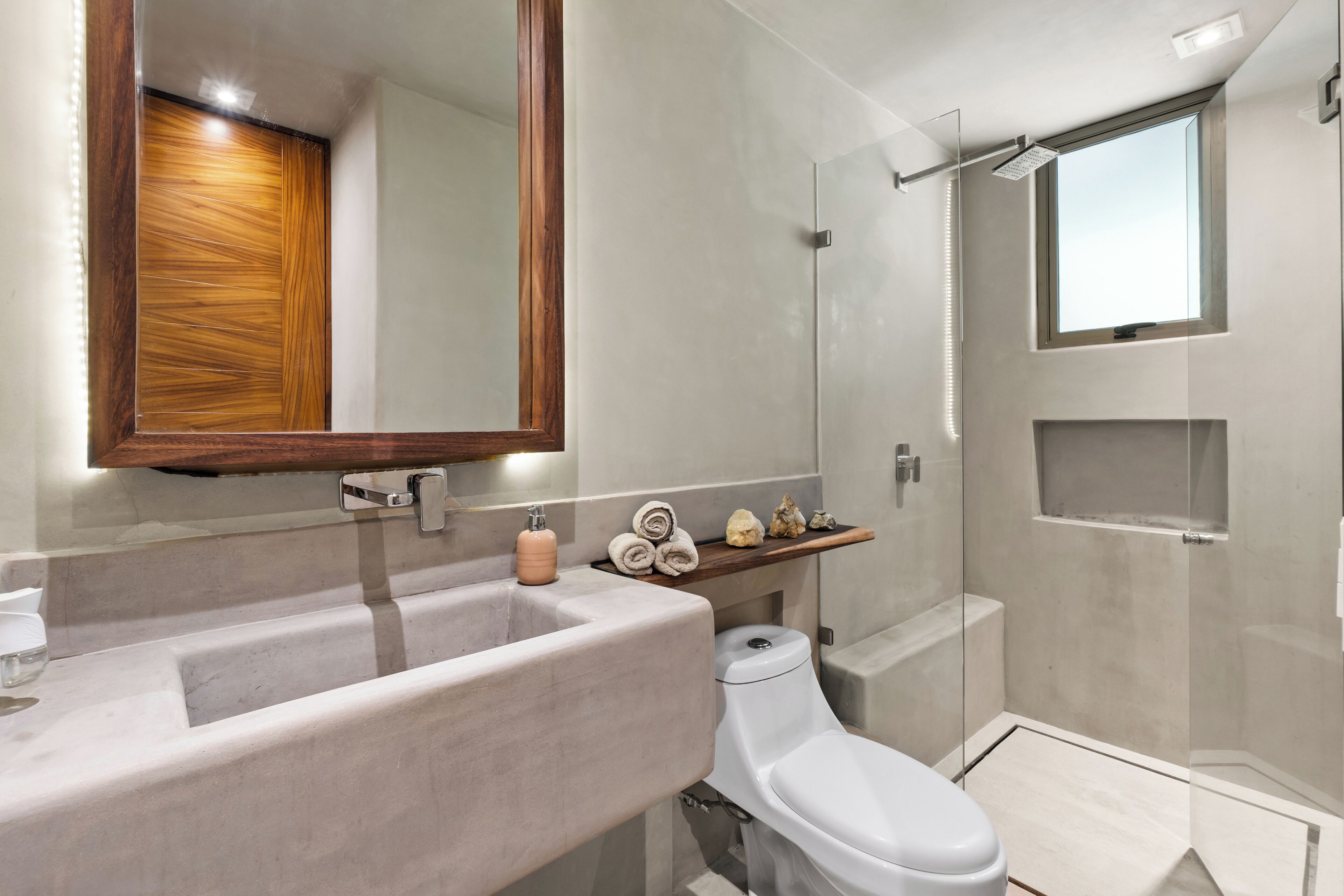 Hair dryer, towels, soap, shampoo