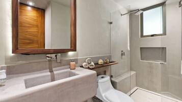 Hair dryer, towels, soap, shampoo