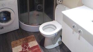 A bathroom with a glass-enclosed shower, a washing machine, a toilet, and a sink. - Charming country house (Cours)