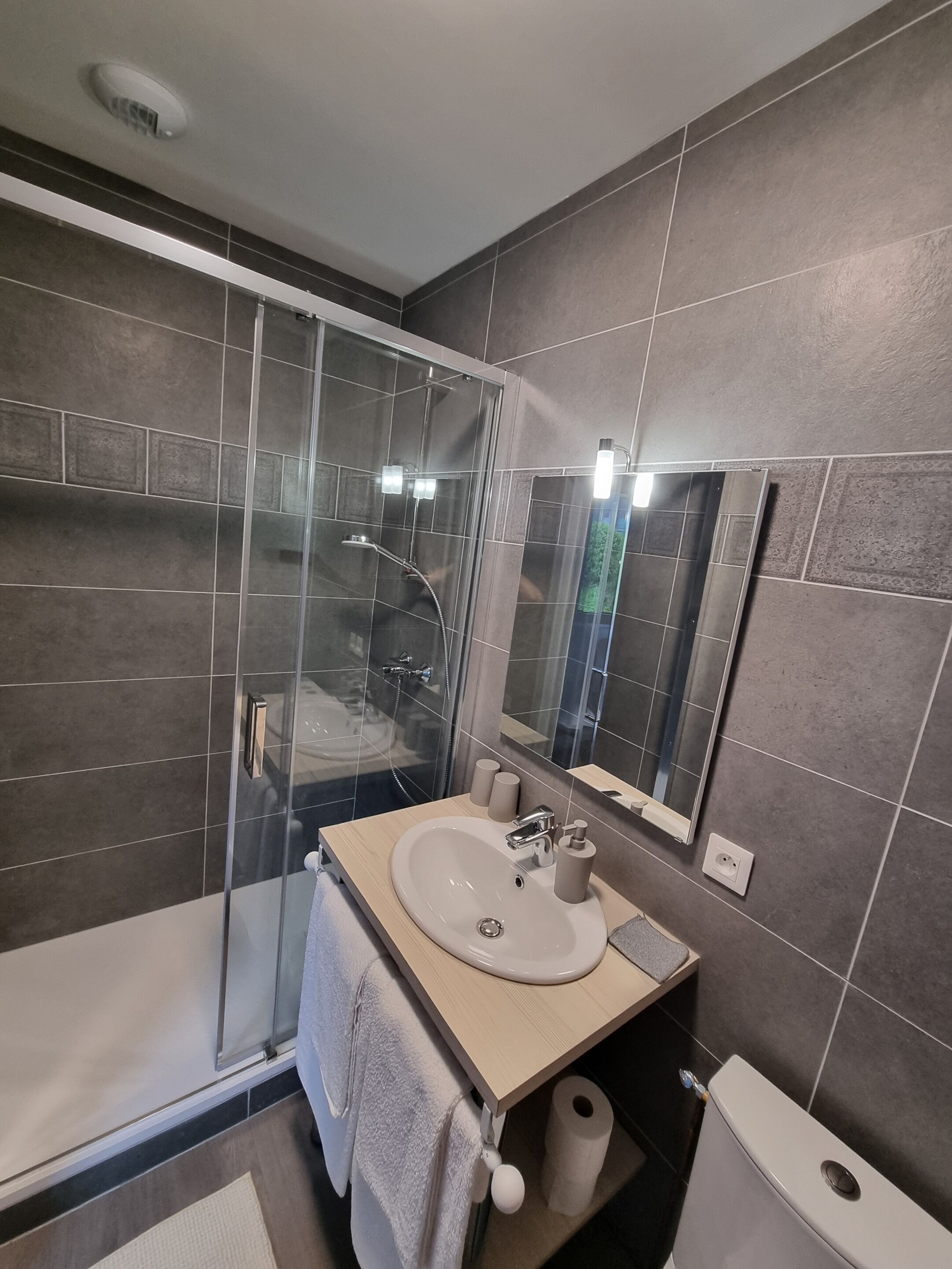 Une salle de bain moderne avec une douche à parois de verre, un lavabo avec un miroir et des toilettes.
