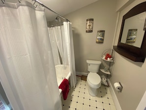 Hair dryer, towels, soap, shampoo