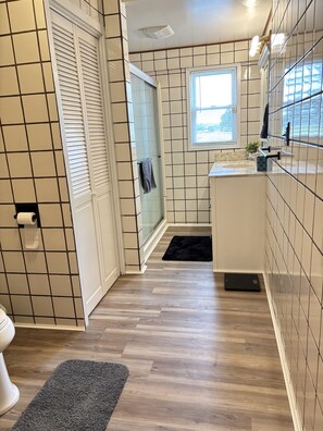 Shower, towels, toilet paper