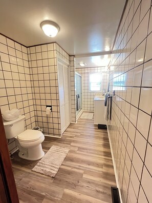Shower, towels, toilet paper