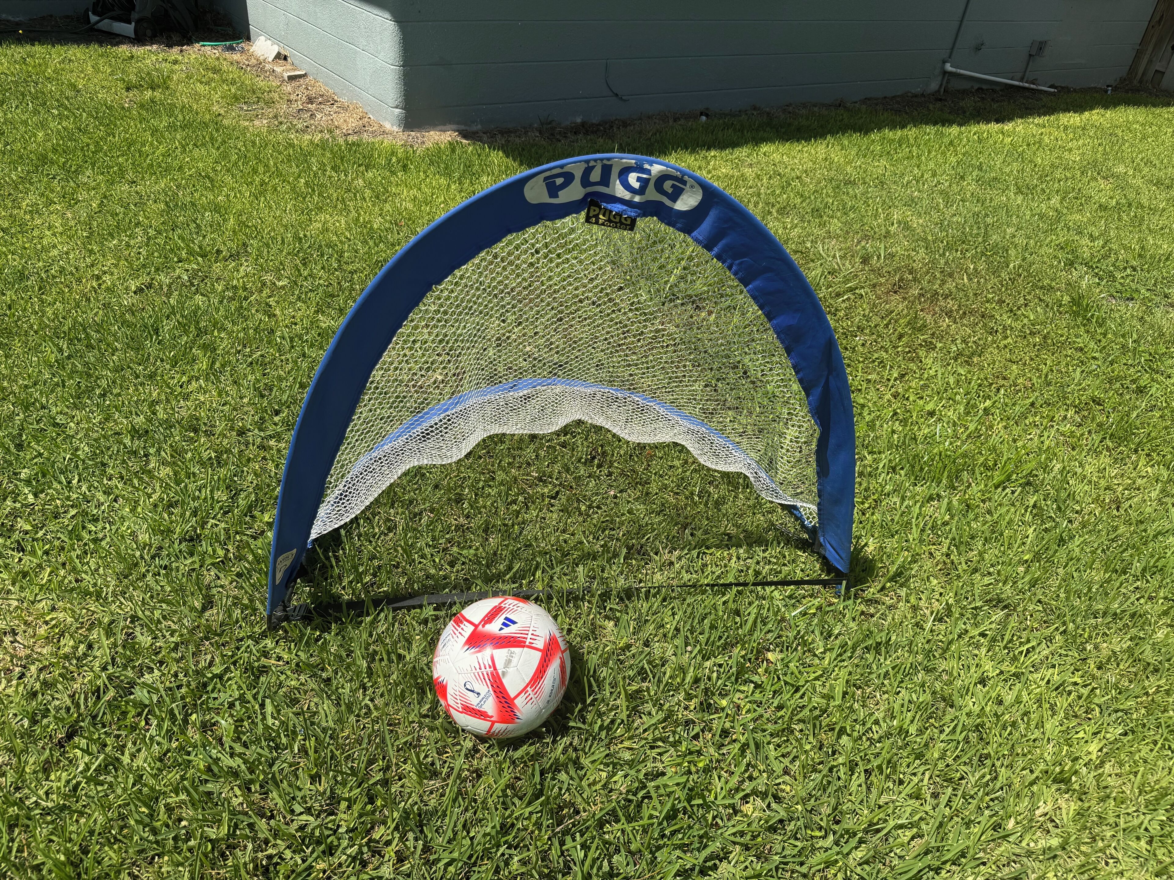 Een blauw-witte doelpale met een voetbal ervoor op een gazon.