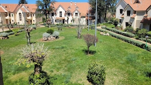 Zona residencial con varias casas de techos inclinados y un césped bien cuidado con arbustos y árboles variados.