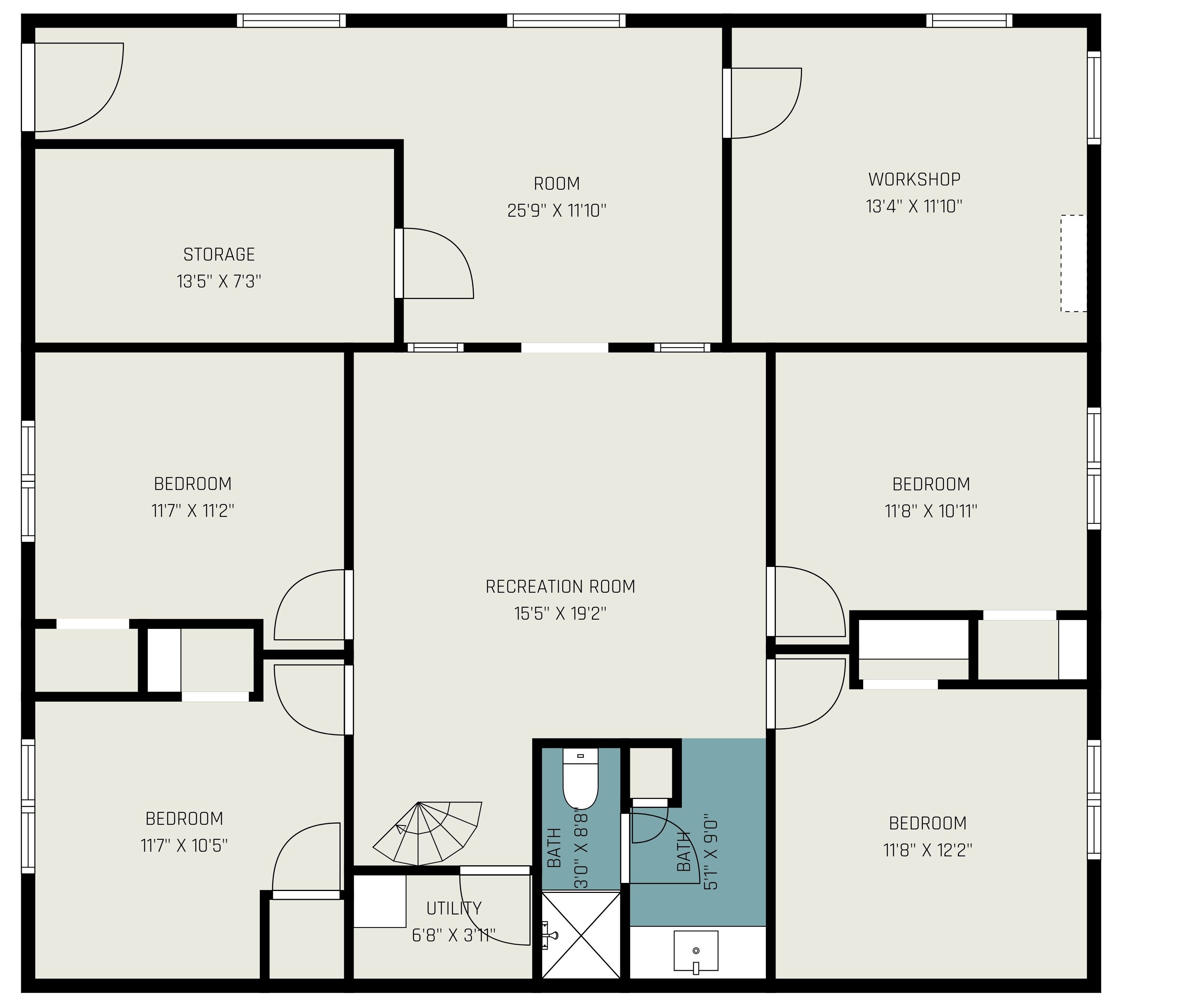 Un plan d’étage d’une maison comprenant deux chambres, une salle de bain, une buanderie, un espace de rangement, une salle de jeux, un atelier et une chambre de plus grande taille.