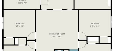 Un plan d’étage d’une maison comprenant deux chambres, une salle de bain, une buanderie, un espace de rangement, une salle de jeux, un atelier et une chambre de plus grande taille.