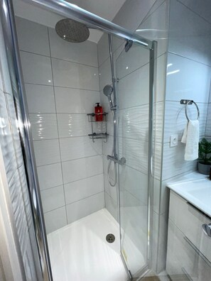 Dusche, Haartrockner, Handtücher, Seife