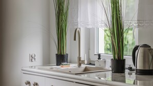 Eine moderne Küche mit weißer Arbeitsplatte, Spüle und einem Fenster mit Spitzenvorhängen. Auf der Arbeitsplatte stehen zwei Blumentöpfe und rechts eine Wasserkocher.