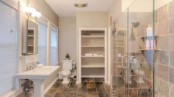 Shower, eco-friendly toiletries, hair dryer, towels