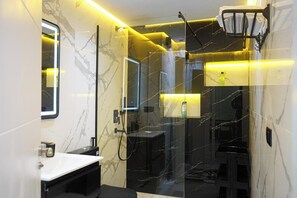 Shower, towels, toilet paper