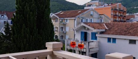A balcony with a view of residential buildings and a mountain in the background.