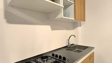 Apartamento básico | Cocina privada | Frigorífico, microondas y utensilios de cocina